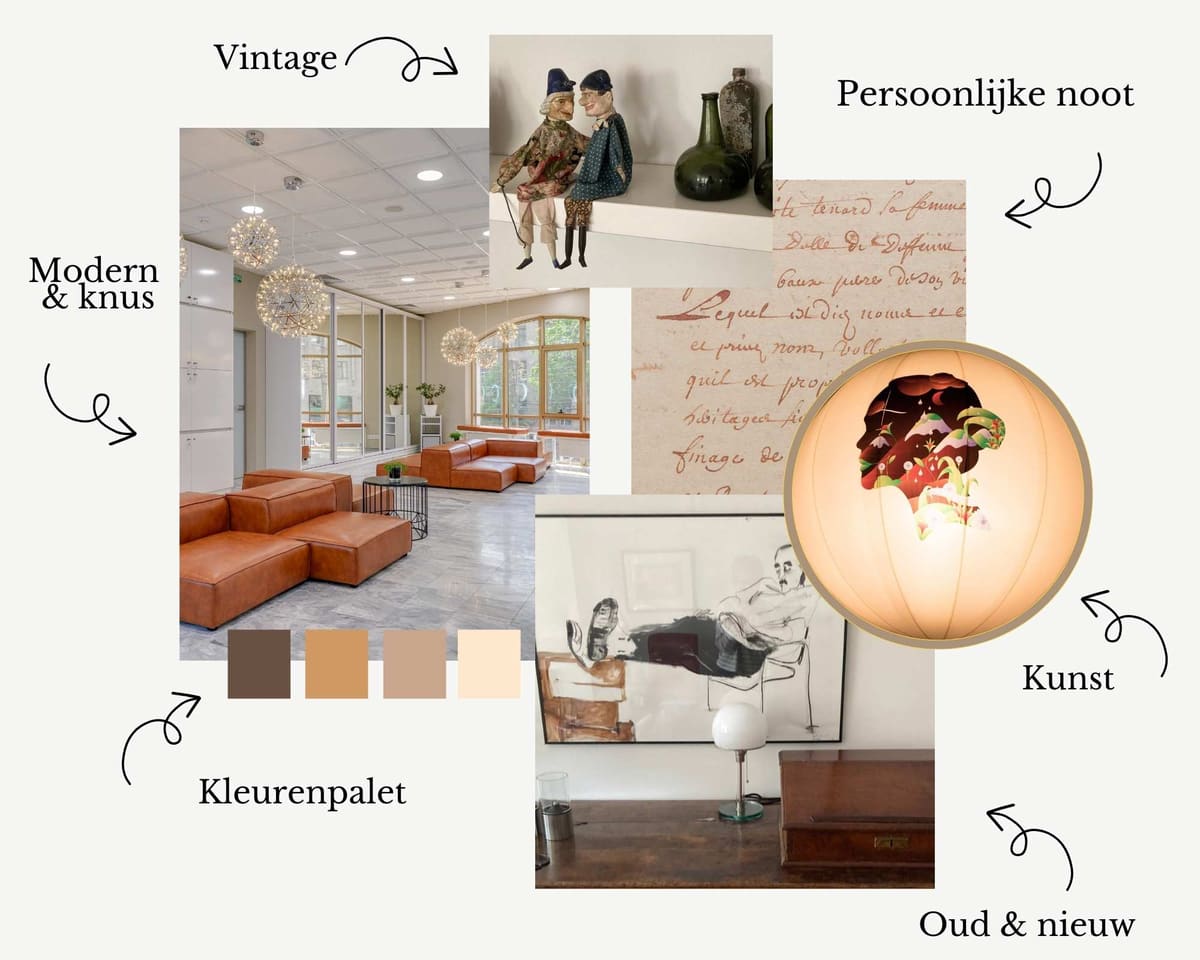 Moodboard met vintage accenten, kleurenpalet en kunst voor een natuurlijke sfeer