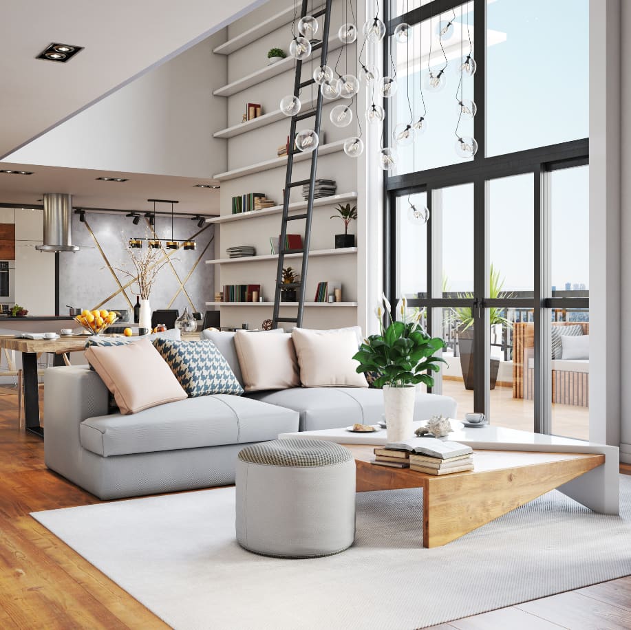 Ontwerp zonder titel (2) (1) Lichte loft-woonkamer met hoge boekenwand, grijze bank en houten salontafel