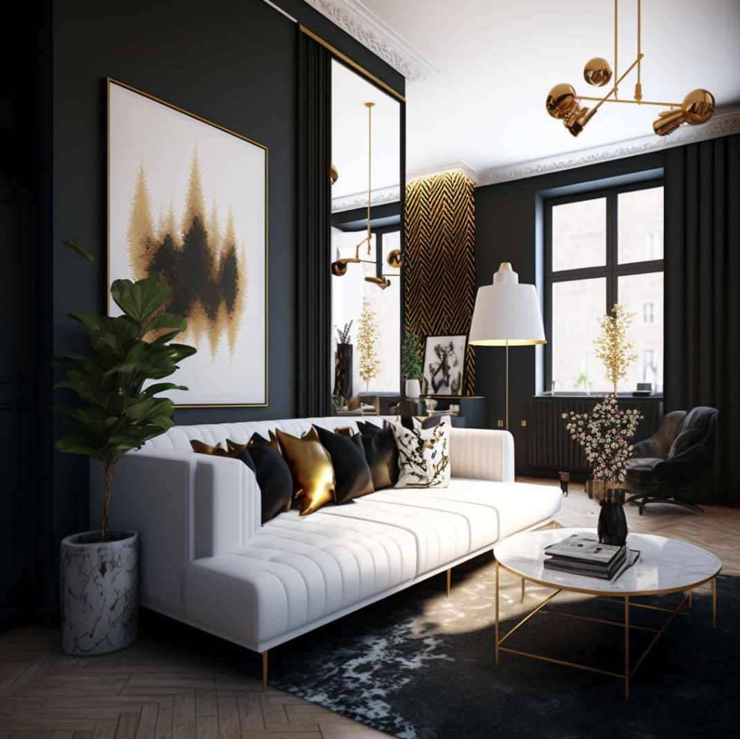 Ontwerp zonder titel (8) (1) Chique woonkamer met witte bank, zwarte wanden en gouden accenten na een stylingdag